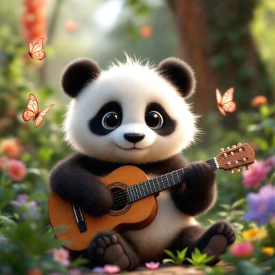 The primary subject of the image is a cute panda bear sitting on the ground and holding a guitar. The setting is a lush, colorful garden with flowers and butterflies surrounding the panda. The visual style is a digital art illustration, creating a whimsical and playful atmosphere. The colors are predominantly shades of green, pink, and yellow, reflecting the vibrant and cheerful nature of the scene.